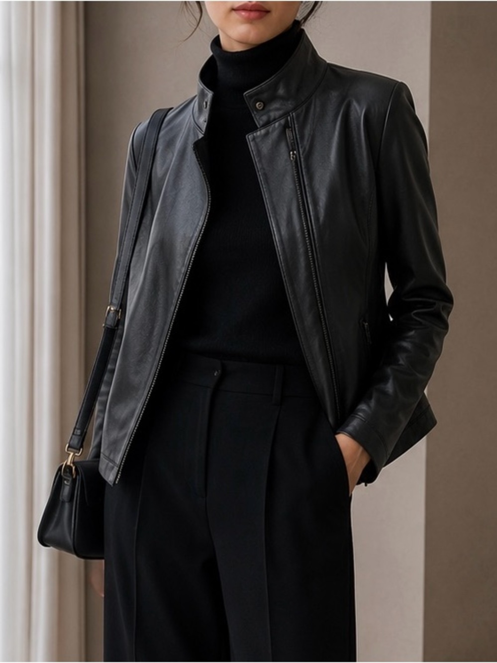Elie Tahari Black Leather Bomber Jacket